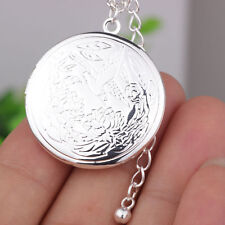 Flower Engraved Photo Locket Pendant Necklac Women Silver Alloy Round Bird Lotus