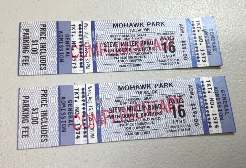 Steve Miller w/Doobie Brothers 2 Unused Outdoor Concert Tickets 1995 Tulsa, OK - Image 1 of 4