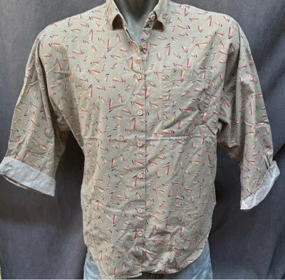 Camisa Vintage Años 80 Estampado Memphis Hombre’s Botón Abajo Geométrico Foto 1 de 4
