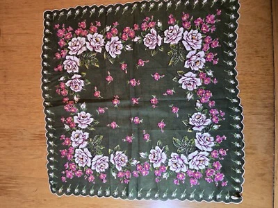 Dark Green White Roses Floral Linen Hand Rolled Vintage Handkerchief 13 X 13.5 " - Image 1 of 4