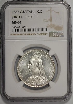 1887 Gran Bretaña 1/2C Media Corona NGC MS 64 Cabeza Jubileo Parece Prueba Foto 1 de 4