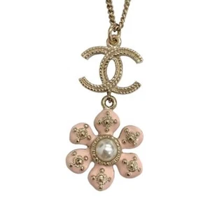 CHANEL Authentic Necklace Pendant Coco Mark Flower GP Pearl Pink Chain 58.4cm - Picture 1 of 8