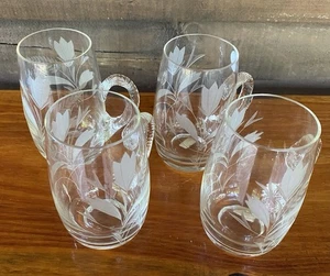 4 Etched Floral Beer Mugs Blown Glass 5” Made In Portugal Set of 4 Vintage - Picture 1 of 10