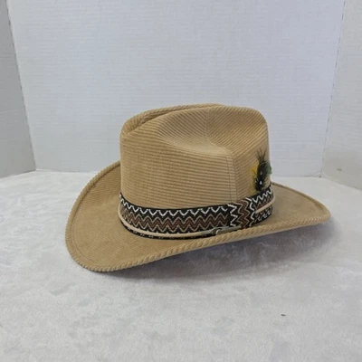 Sombrero de vaquero occidental vintage de pana tostada grande 71/4"-73/8" pluma diligencia ranchero Foto 1 de 4