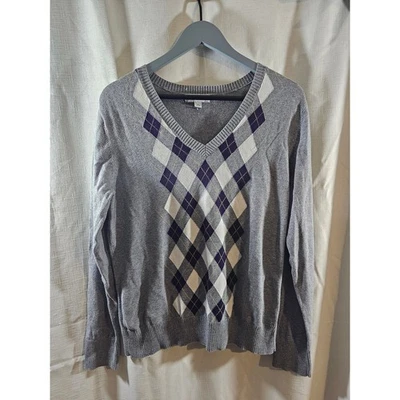 Merona 100% Cotton Womens Sweater Gray Argyle V-Neck Size X Large - Image 1 of 4