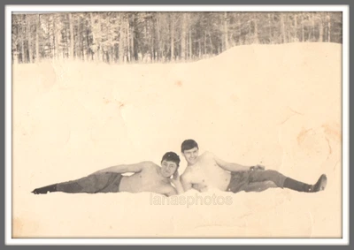 Soldiers lying on Snow Handsome men shirtless Affectionate couple photo Gay Int - Image 1 of 3