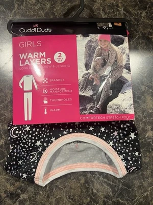 Cuddl Duds Niñas Pequeñas (6/6X) Cálidas Capas Base Manga Larga Negro Multi Estampado NUEVO Foto 1 de 2