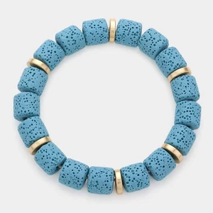 Blue Lava Stone Stretch Bracelet with Gold Spacer Beads Natural Beaded Jewelry - Picture 1 of 1