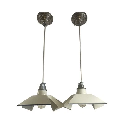 Par de colgantes industriales vintage de porcelana blanca esmaltada c1930 restaurados VL1238 Foto 1 de 4