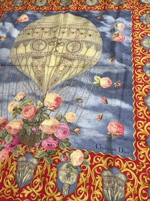 Christian Dior шелковый шарф 33» красный розовый шар роза цветочный горячий воздух Италии - Изображение 1 из 4