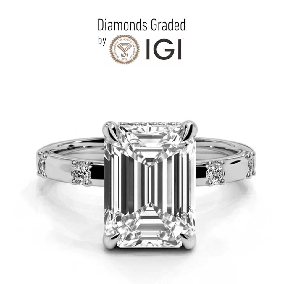 Anillo de compromiso de diamantes de laboratorio corte esmeralda IGI Cert 2,30 quilates D VS2 platino 900 Foto 1 de 4
