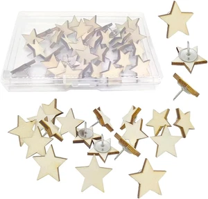 30 Pcs Wood Push Pins Star Shape Cute Decorative Thumbtacks for Cork Boards Map - Picture 1 of 6