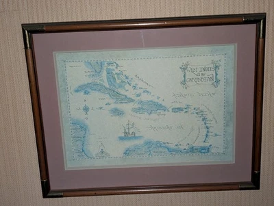 West Indies Map Lithograph Xandra Fisher 1970s Caribbean Beach House Decor Frame - Image 1 of 3