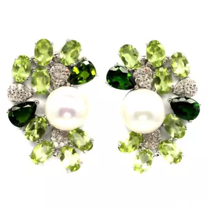 925 Silver 10 MM. White Pearl, Peridot, Chrome Diopside & Zircon Earrings - Picture 1 of 4