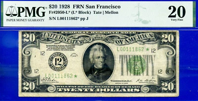 1928 $20 Federal Resrve Note PMG 20 rare 16 known San Francisco star Fr 2050-L* - Image 1 of 3