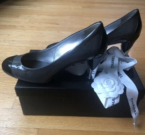 Auth Chanel Shoes Pumps Coco Mark Patent Leather Black/Gray EU 38.5 US 8.5 - Picture 1 of 11