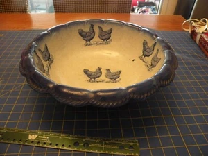 VTG. LARGE POTTERY STONEWARE BOWL BLUE WHITE ROOSTERS AND CHICKENS 15" HEAVY - Picture 1 of 7
