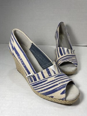 TOMS W7.5 Peep Toe 3” Alpargata Tacón Cuña Rayas Lona Sandalia Zapatos Azul Foto 1 de 4