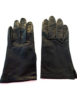 Vintage Black Genuine Leather Lined Wrist Length Women's Driving Gloves Size 6.5 - Image 1 of 4