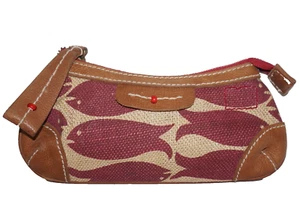 THE GAP Small Burnt Red & Beige Burlap Textile & Tan Leather FISHES Pouch 4.5x9 - Picture 1 of 13