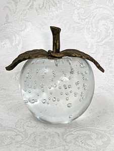 Clear Glass Apple with Bubbles and Metal Stem with 2 Leaves Paperweight - Picture 1 of 5