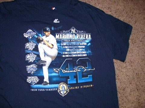New York Yankees MARIANO RIVERA blue Majestic shirt men's Large Cover