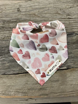 Dog Bandana, Jewel Tone Hearts Valentine's, White Leather Personalized Name Tag - Image 1 of 4