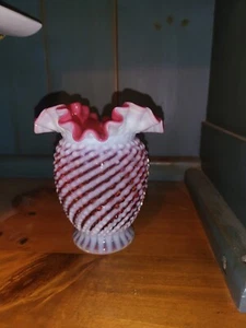 Vintage Fenton Cranberry Hobnail Opalescent Vase Bowl Scalloped Ruffled Edge - Picture 1 of 4