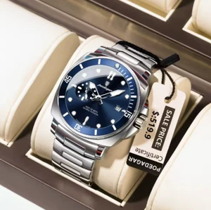 POEDAGAR Men’s Luxury Sports Watch Quartz Waterproof Date Luminous Steel Band - Picture 1 of 14