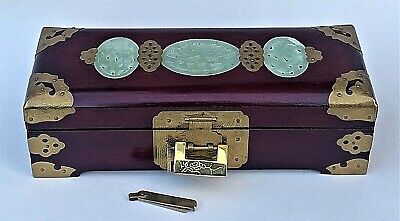 Antique Chinese Rosewood Jewellery Box With Brass & Jade Inserts Includes Chines • 34.99$