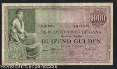 NETHERLANDS 1000 1,000 GULDEN P48 1926 DUTCH WOMAN LARGE RARE MONEY BILL NOTE - Image 1 of 2