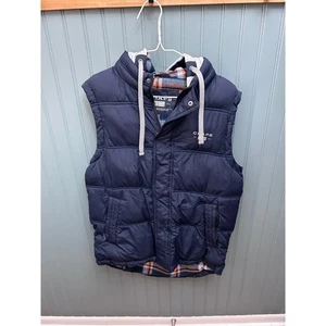 Chaps Navy Quilted Puffer Vest with Plaid Lined Hood Men's S - Picture 1 of 4