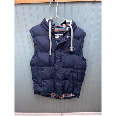 Chaps Navy Quilted Puffer Vest with Plaid Lined Hood Men's S - Image 1 of 4