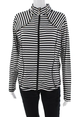 Christine Alexander Womens Front Zip Mock Neck Striped Jacket White Black Large - Image 1 of 4