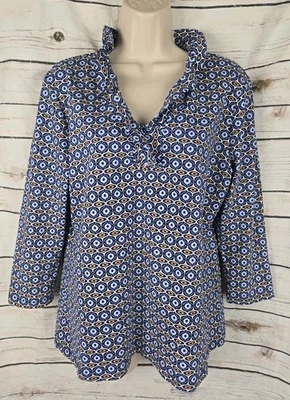 Top con volantes estampado azul J McLaughlin XL tela Catalina mangas 3/4 Foto 1 de 4