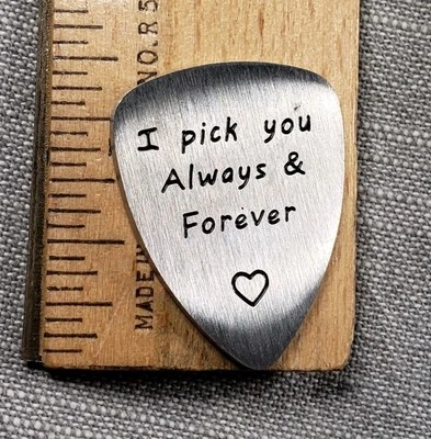 Guitar Pick Stainless Steel I Pick You Always Forever Gift Love Heart A96 - Image 1 of 2