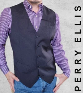 PERRY ELLIS Men's Classic Business Dark Blue Plaid Vest SzM (42) Reg $79 - Picture 1 of 4