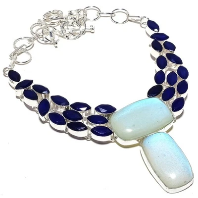 Tripletta Opale di Fuoco , Blu Giada Gemma 925 Argento Sterling Gioielli Collana - Immagine 1 di 4