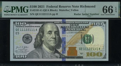 2021 $100 FRN QE11122111A RADAR P.M.G #66EPQ - Image 1 of 3