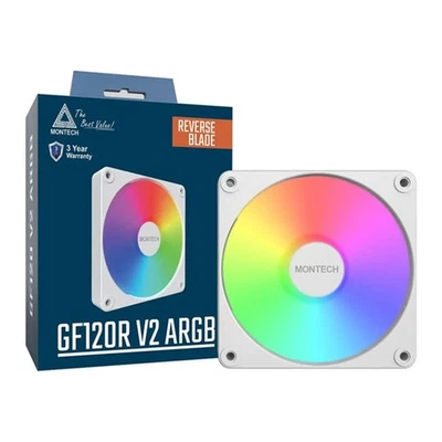 120mm Montech GF120R V2 ARGB, Reverse Flow, White, 9 Blade, 1600RPM, 70.8CFM, HD