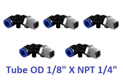 Pneumatic Male Elbow Connector Tube OD 1/8" X NPT 1/4" Push In Fitting 5 Pieces - Image 1 of 1