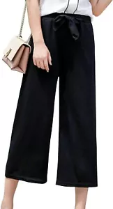 Women's Baggy Elastic Waist Wide Leg Belted Casual Crop Palazzo Pants Bk M - Picture 1 of 5