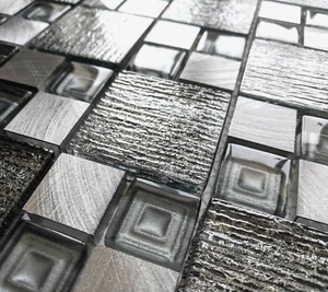 New Silver Grey Brushed Steel & Textured Glass Foil Square Mosaic Wall Tiles 8mm - Picture 1 of 5