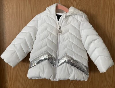 DKNY 18 Meses Niñas Pequeñas Blanco Plata Lentejuelas Puffer Chaqueta de Invierno Con Capucha 18M Foto 1 de 4