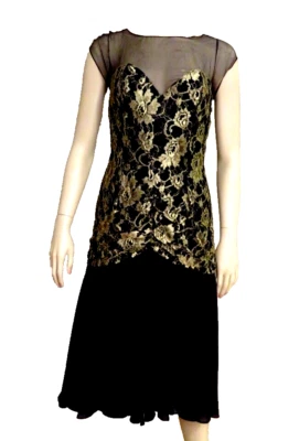Vestido Ralph Lauren Etiqueta Negra Talla 6 S Negro Vestido Dorado Encaje Gasa Falda De Colección Foto 1 de 4