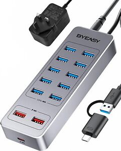 BYEASY Powered USB Hub, 13-Port USB 3.0 Data Hub with 10*USB 3.0 Ports, 2*USB A