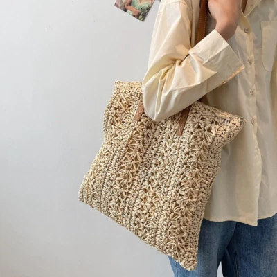 Lady Straw Handbag Beach Bag Crochet Totes Hollow Woven Shoulder Bags Mori Retro - Image 1 of 4