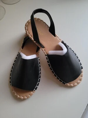 竹制黑色绑带凉鞋女式 8 码夏季海滩学校 — 第 1/4 张图片