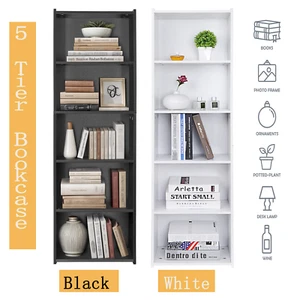 5 Tier White Bookcase Bookshelf Storage Wall Shelf Organizer Black/White - Picture 1 of 27