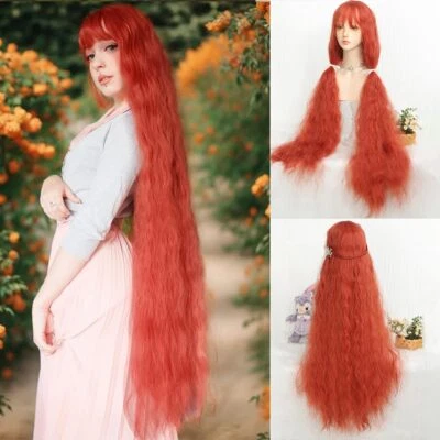 Peluca de cosplay rizada extra larga de 44 pulgadas, peluca de cosplay roja naranja con flequillo peluca de lolita Foto 1 de 4